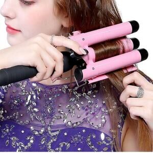 Triple Barrel Curling Iron Crimper Waver Tourmaline Ceramic Barrels Pink Black